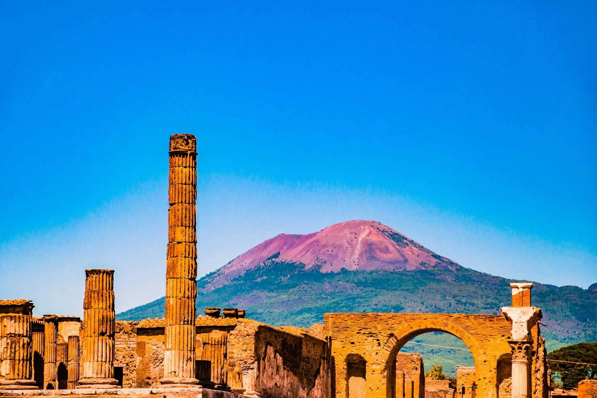 Mount Vesuvius overlooking the excavated city of Pompeii